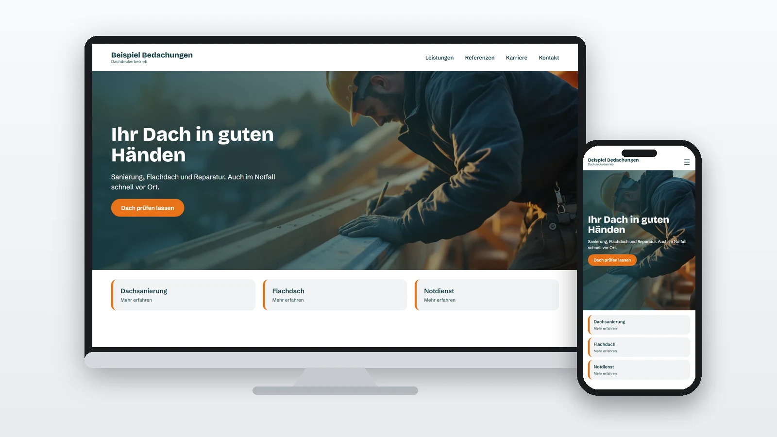Beispiel einer Dachdecker-Website auf Monitor und Handy mit der Überschrift „Ihr Dach in guten Händen“ und einem Dachdecker im Hintergrund