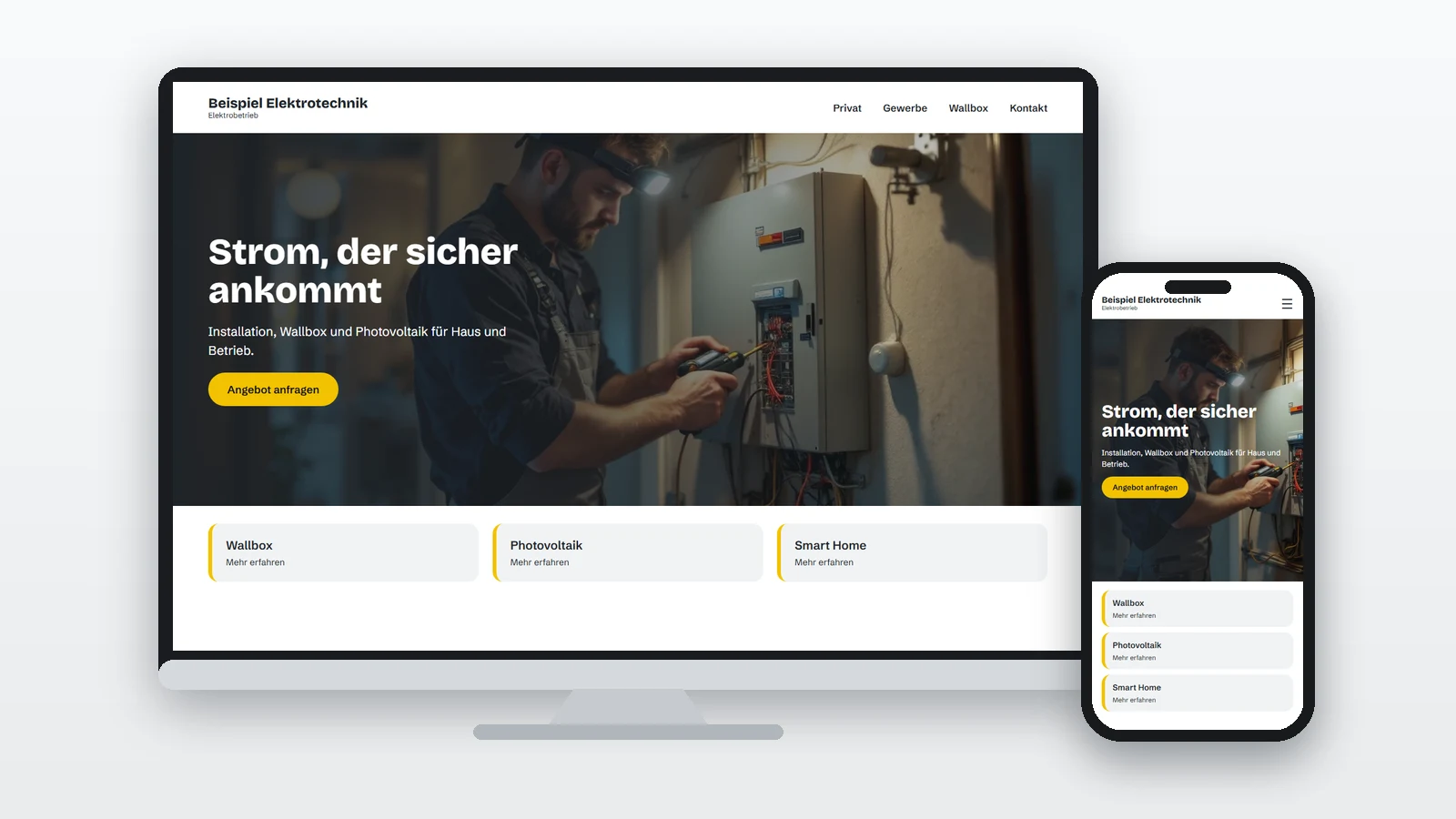 Beispiel einer Elektriker-Website auf Monitor und Handy mit der Überschrift „Strom, der sicher ankommt“ und einem Elektriker am Sicherungskasten