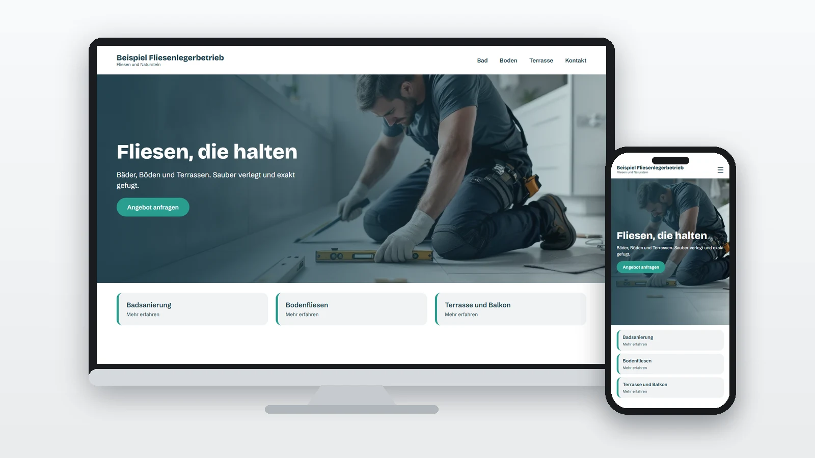 Beispiel einer Fliesenleger-Website auf Monitor und Handy mit der Überschrift „Fliesen, die halten“ und einem Fliesenleger im Hintergrund