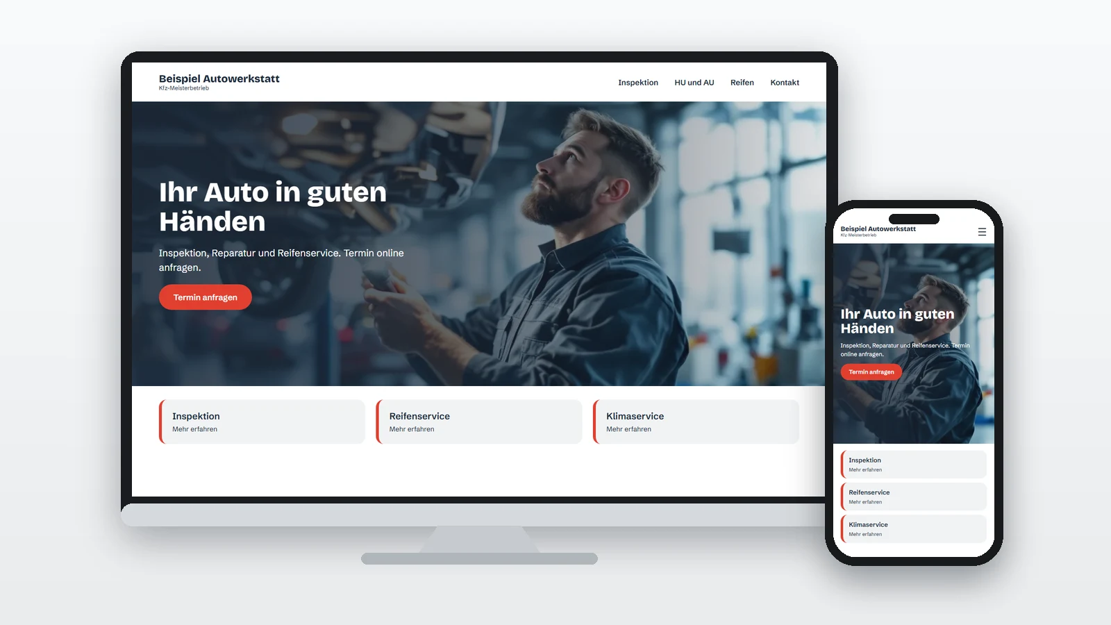Beispiel einer Kfz-Werkstatt-Website auf Monitor und Handy mit der Überschrift „Ihr Auto in guten Händen“ und einem Mechaniker in der Werkstatt