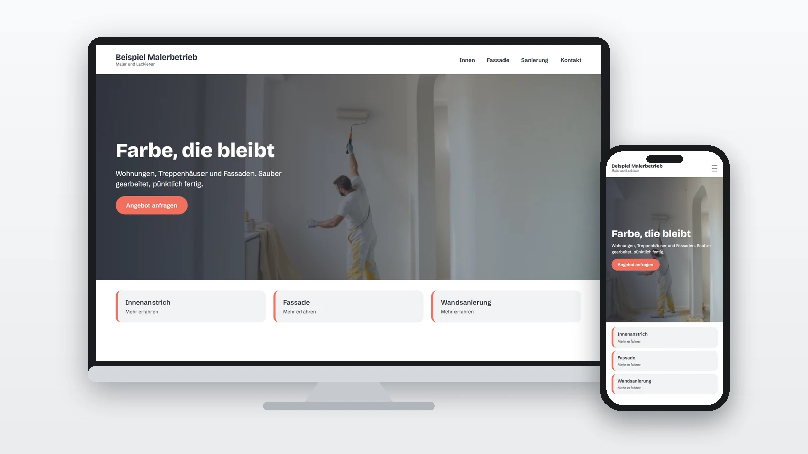Beispiel einer Maler-Website auf Monitor und Handy mit der Überschrift „Farbe, die bleibt“ und einem Maler im Hintergrund