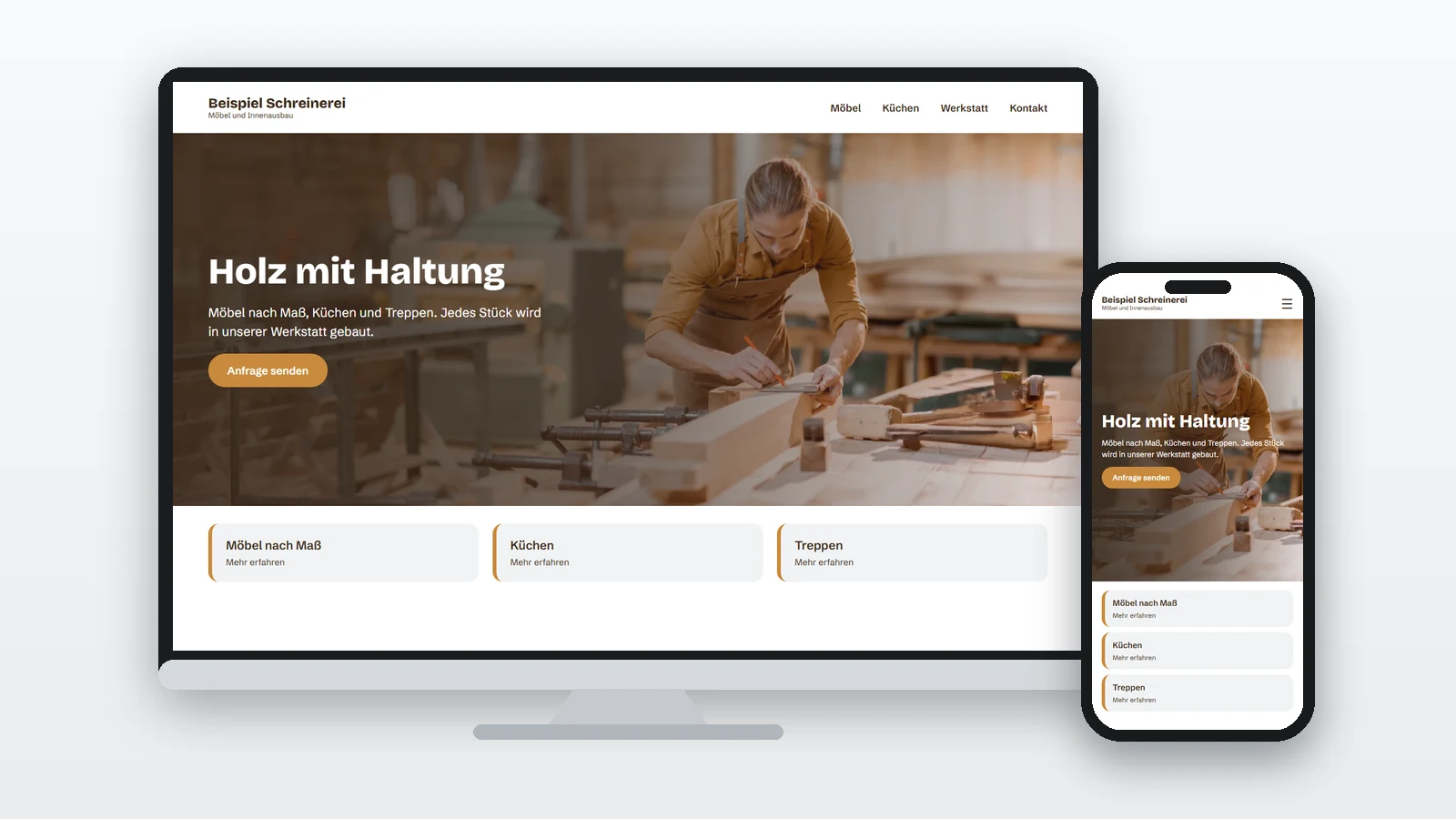 Beispiel einer Schreiner-Website auf Monitor und Handy mit der Überschrift „Holz mit Haltung“ und einem Schreiner in der Werkstatt