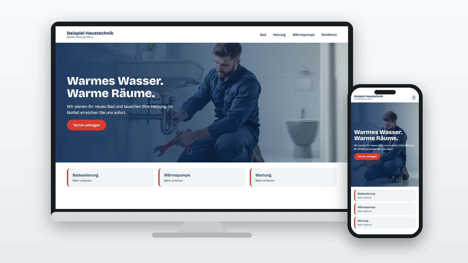 Beispiel einer SHK-Website auf Monitor und Handy mit der Überschrift „Warmes Wasser. Warme Räume.“ und einem Installateur im Hintergrund
