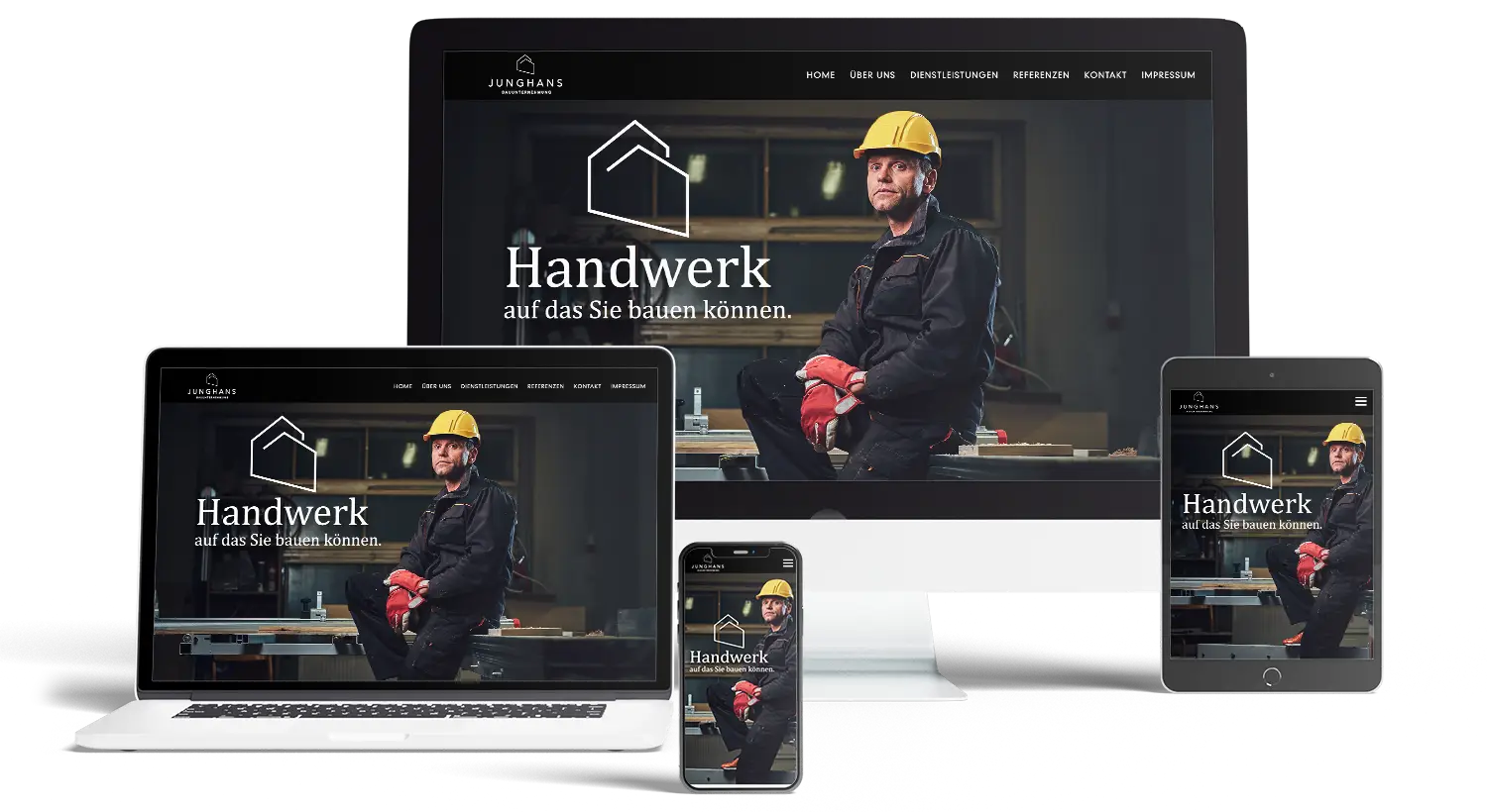 Beispiel-Website der Bauunternehmung Junghans auf Monitor, Laptop, Tablet und Handy mit einem Handwerker mit gelbem Helm in der Werkstatt