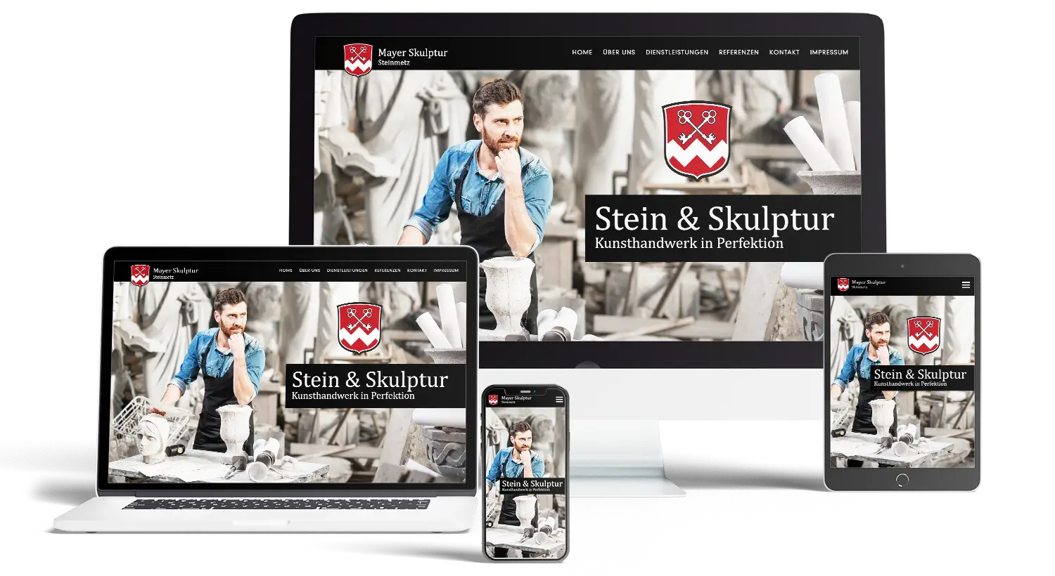 Beispiel-Website von Mayer Skulptur Steinmetz auf Monitor, Laptop, Tablet und Handy mit einem Steinmetz im Atelier und rotem Wappen